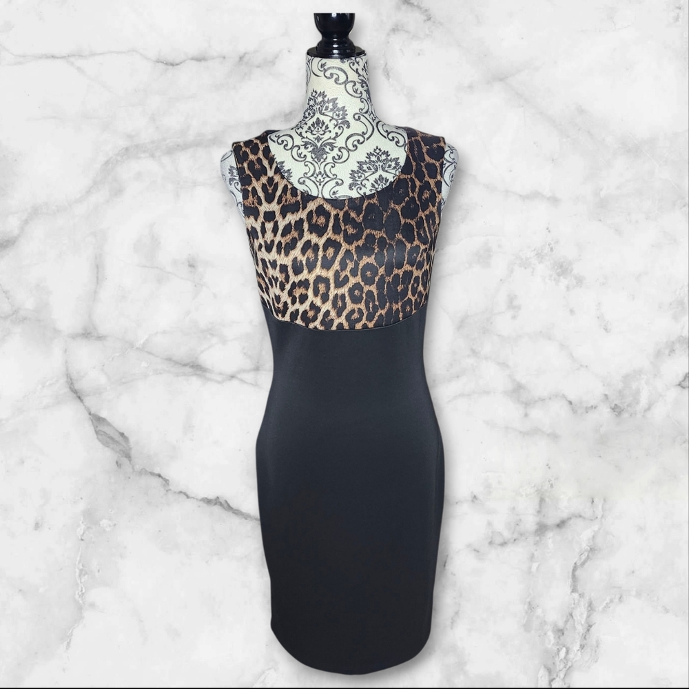 LORI M Leopard Print and Black Bodycon Dress - Small